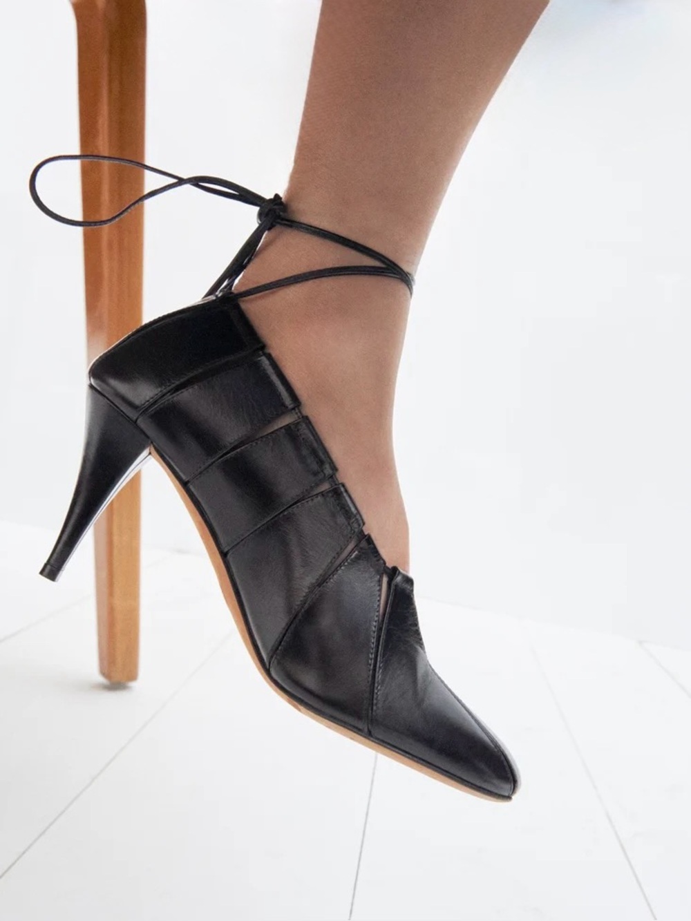 Proenza Schouler black glove hinge ankle lace up cutout pump heels